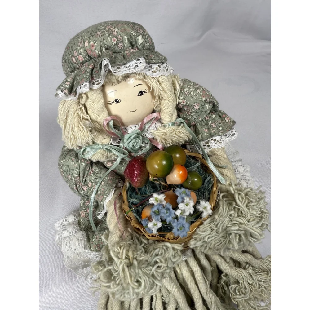 Vintage Mop Doll Shelf Sitter Yarn Porcelain Head WINDS UP PLAYS MUSIC Unique